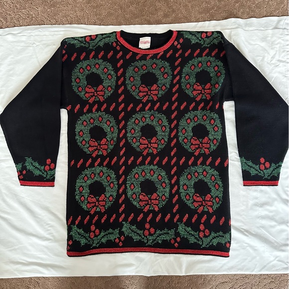 Ladies black vintage Holiday Time Christmas wreath sweater M EUC - Picture 1 of 5